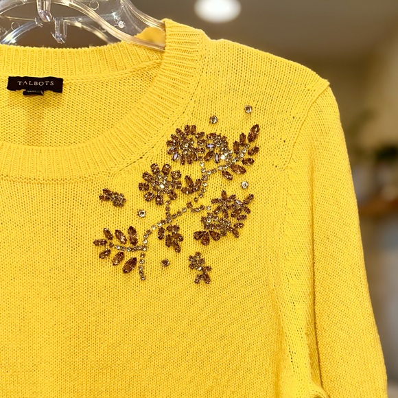Talbots Yellow Jeweled Cotton and Cashmere blend Sweater Three Quarter Sleeves M - Picture 3 of 7